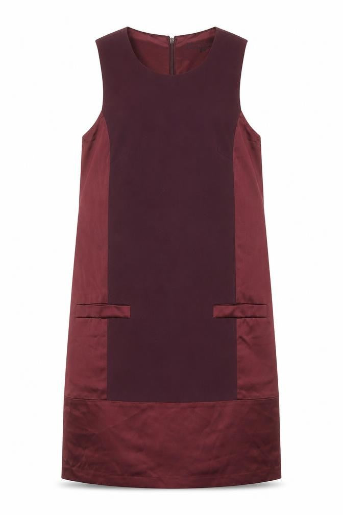 Front view of French Connection women’s purple colourblock acetate shift, size UK 10, round neck zip