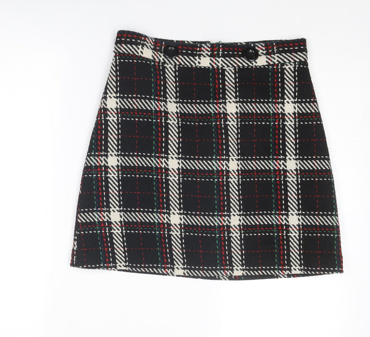 Warehouse Womens Black Plaid Polyester A-Line Skirt Size 10 Zip