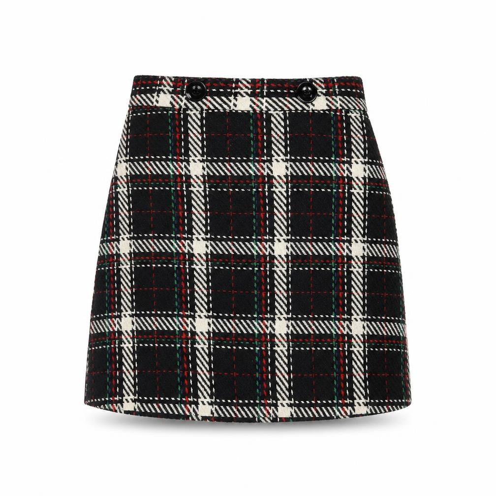 Front view of Warehouse women’s black plaid polyester a-line skirt, size UK 10, zip