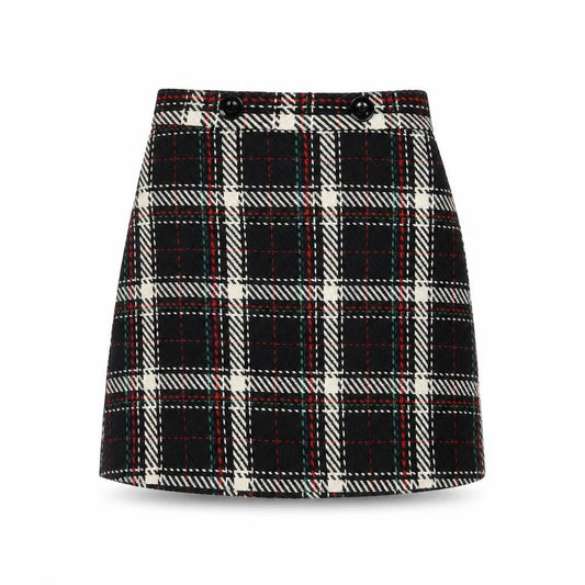 Front view of Warehouse women’s black plaid polyester a-line skirt, size UK 10, zip