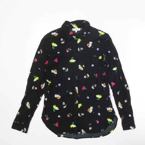 Warehouse Womens Black Floral Viscose Basic Button-Up Size 8 Collared
