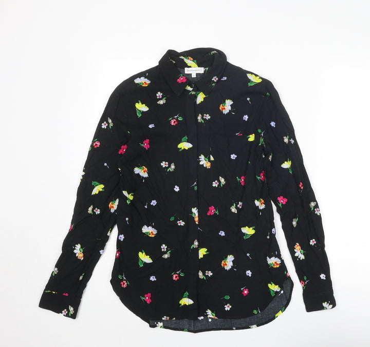Warehouse Womens Black Floral Viscose Basic Button-Up Size 8 Collared