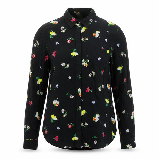 Front view of Warehouse women’s black floral viscose basic button-up, size UK 8, collared