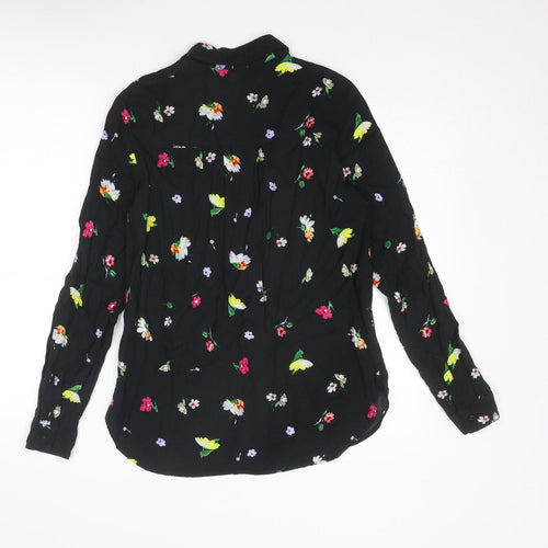 Warehouse Womens Black Floral Viscose Basic Button-Up Size 8 Collared
