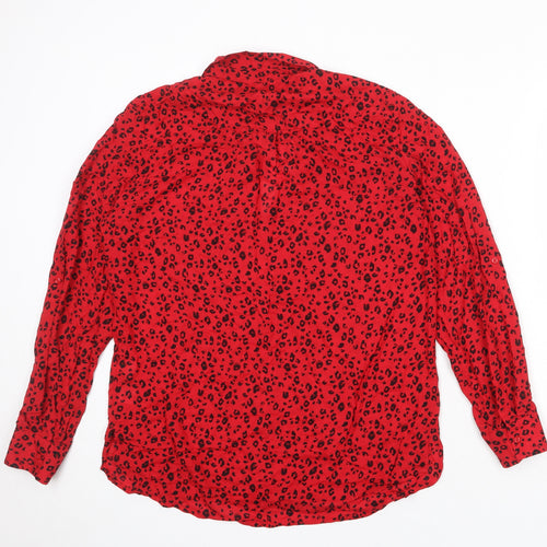 NEXT Womens Red Animal Print Modal Basic Button-Up Size 12 Collared - Leopard Print