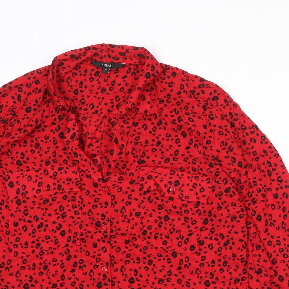 NEXT Womens Red Animal Print Modal Basic Button-Up Size 12 Collared - Leopard Print