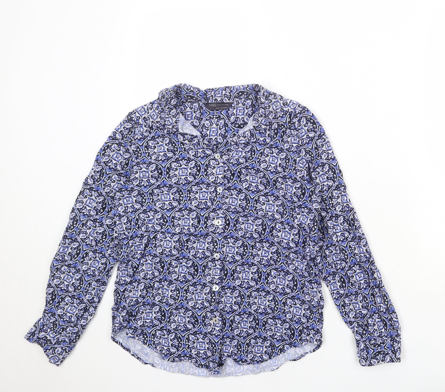 Marks and Spencer Womens Multicoloured Geometric Viscose Basic Button-Up Size 8 Collared