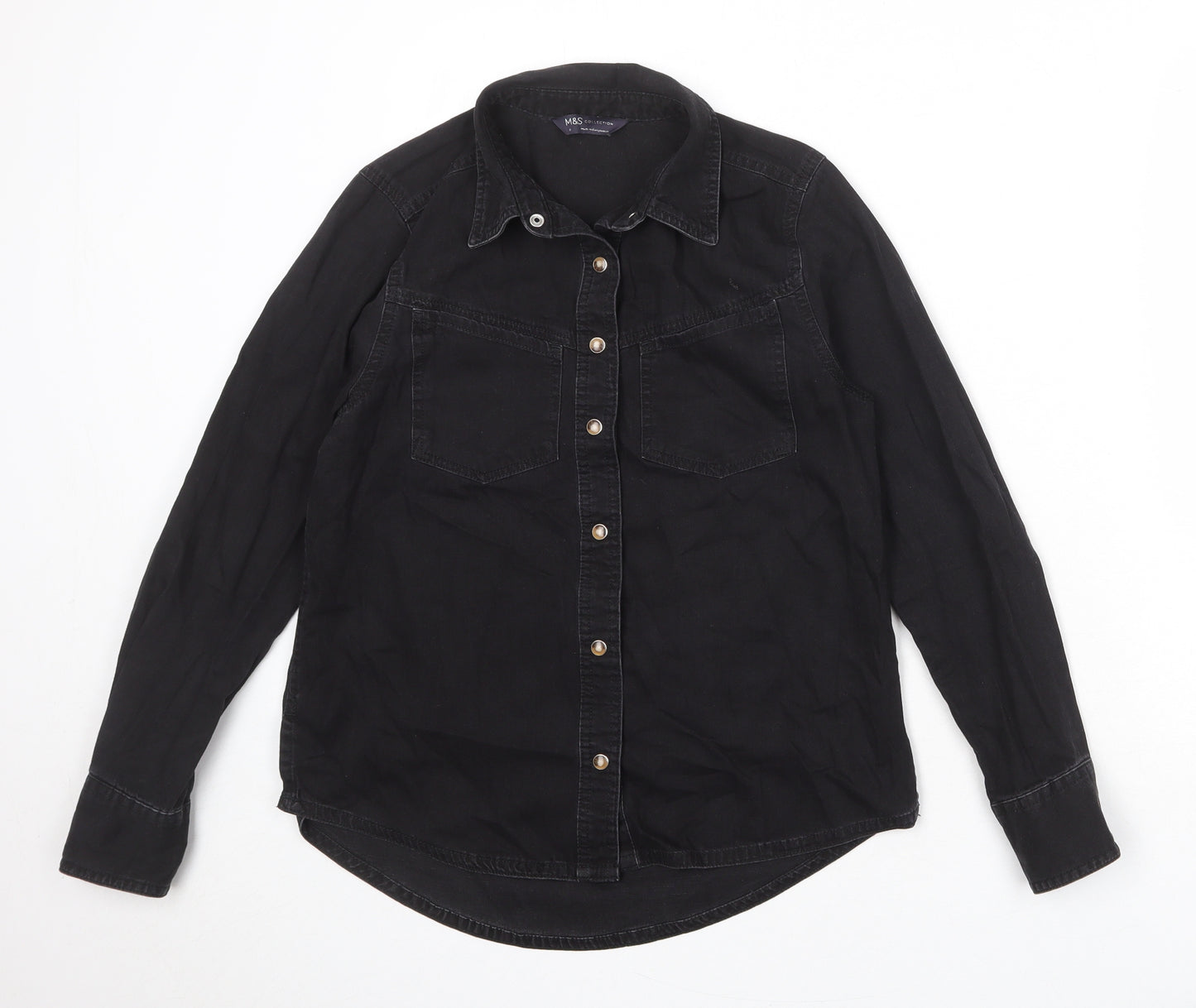 Marks and Spencer Womens Black 100% Cotton Basic Button-Up Size 8 Collared