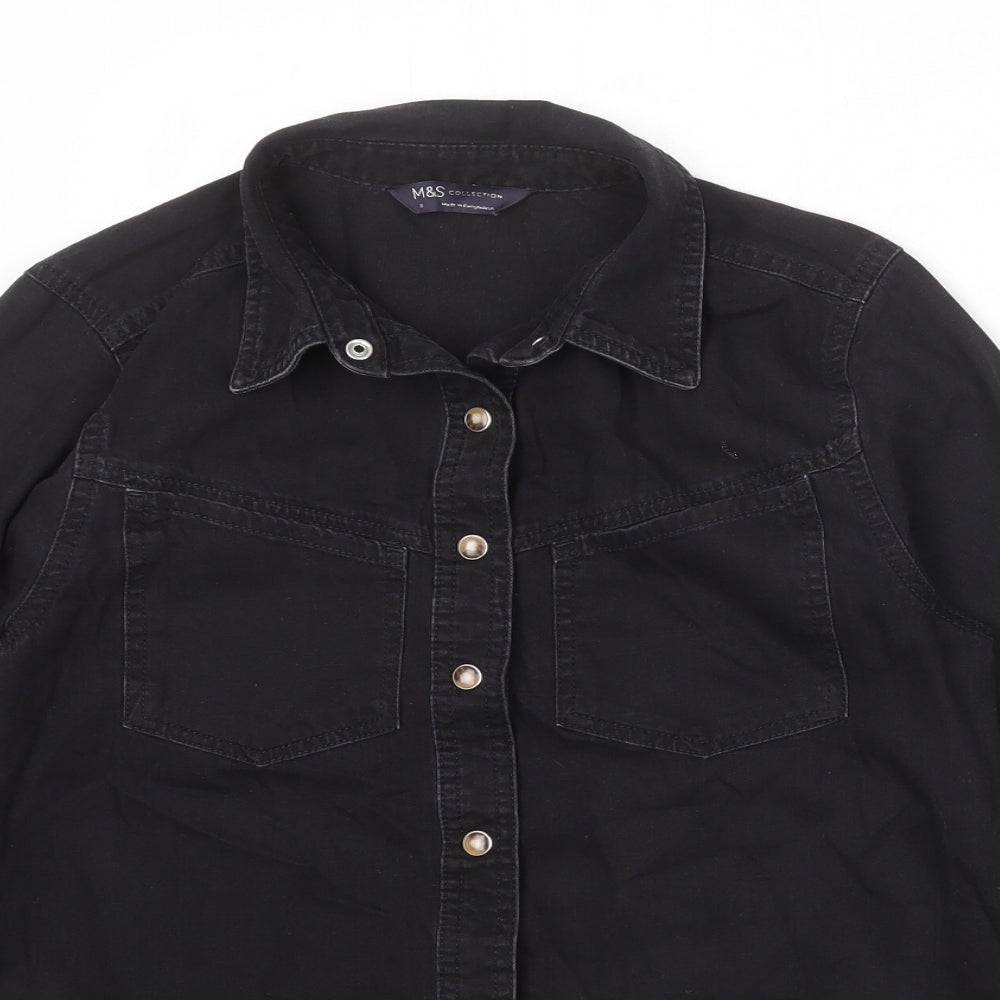 Marks and Spencer Womens Black 100% Cotton Basic Button-Up Size 8 Collared
