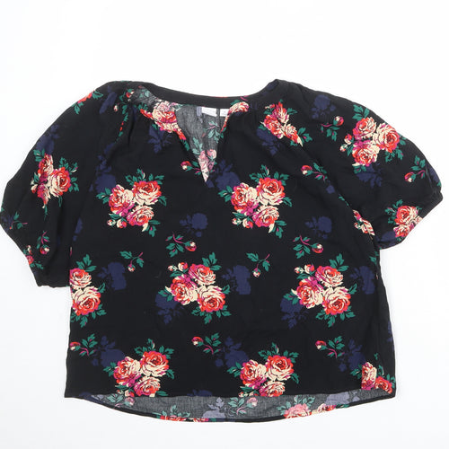 Gap Womens Black Floral Viscose Basic Blouse Size M V-Neck