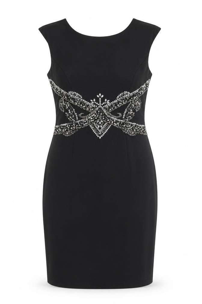 Front view of Little Mistress women’s black polyester shift, size UK 12, round neck zip