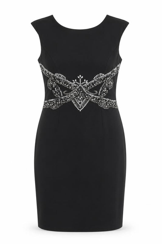 Front view of Little Mistress women’s black polyester shift, size UK 12, round neck zip
