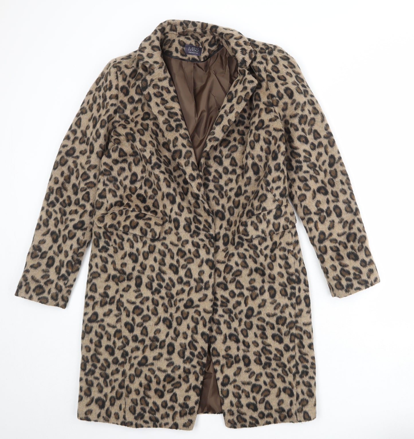 Marks and Spencer Womens Brown Animal Print Overcoat Coat Size 10 Snap - Leopard Print