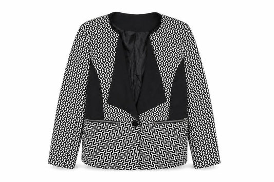 Front view of Klass women’s black geometric jacket blazer, size UK 14, button