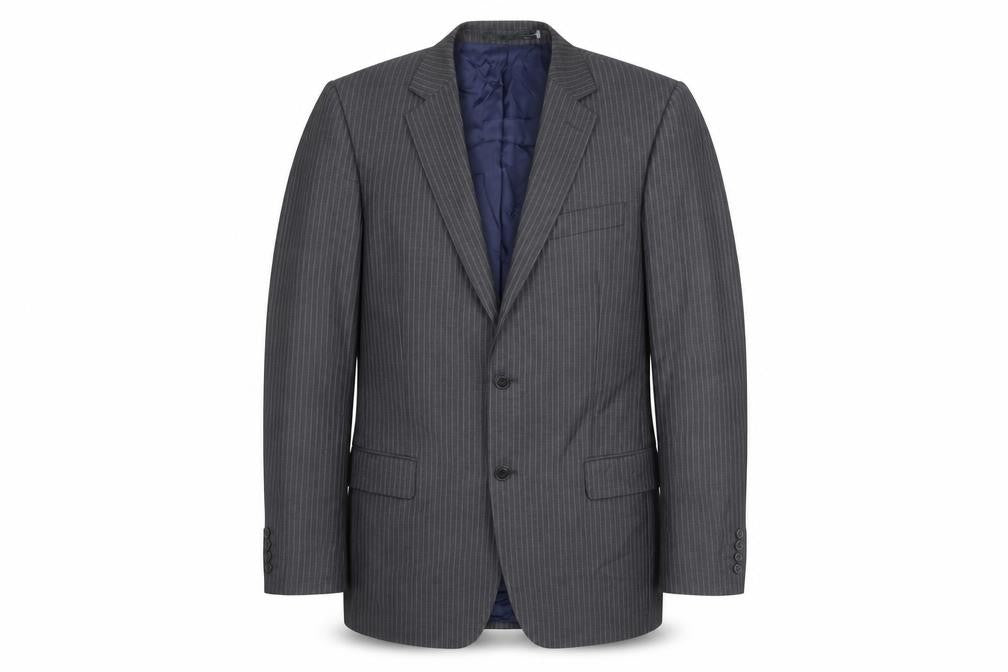 Front view of John Lewis men’s grey striped wool jacket suit jacket, size 42, regular