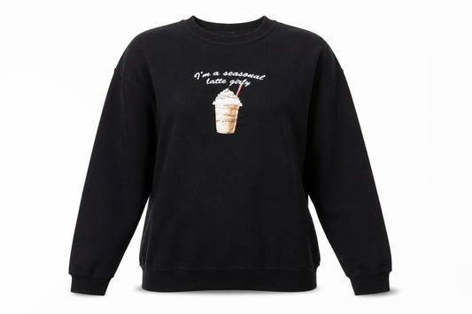 Front view of ASOS women’s black cotton pullover sweatshirt, size M, pullover - i'm a seasonal latte girl