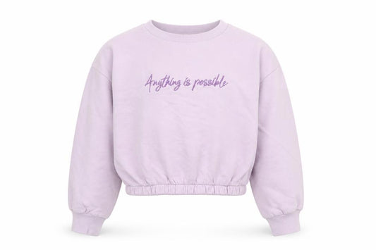 Front view of Next girls’ purple cotton pullover sweatshirt, size 9, years pullover - anything is possible