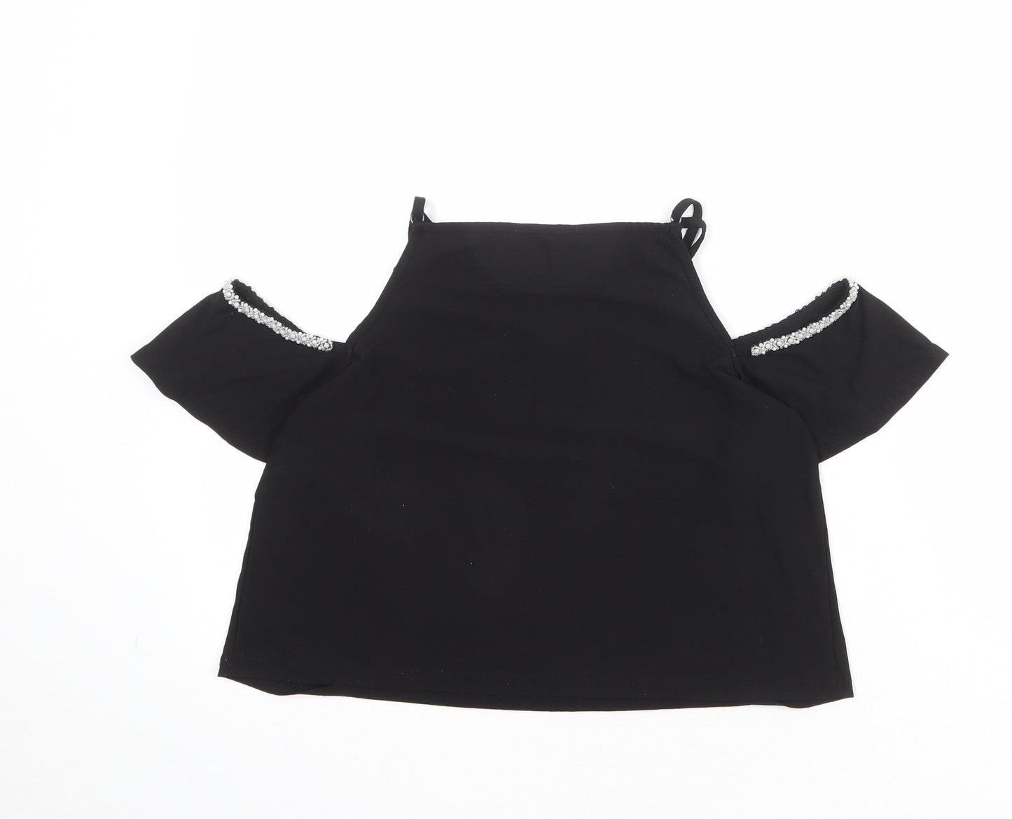 New Look Girls Black Polyester Pullover Blouse Size 12-13 Years V-Neck Pullover - Cold Shoulder Detail