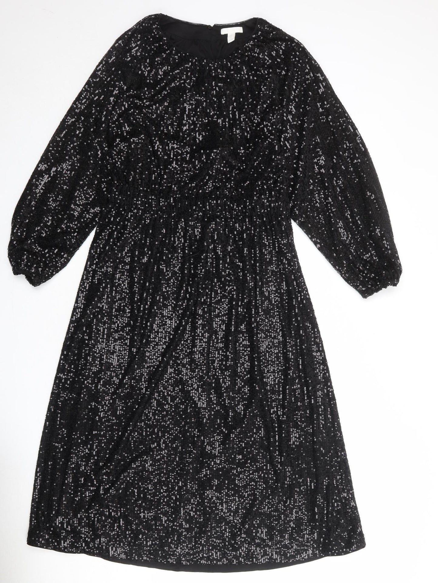 H&M Womens Black Polyester Trapeze & Swing Size M Round Neck Button