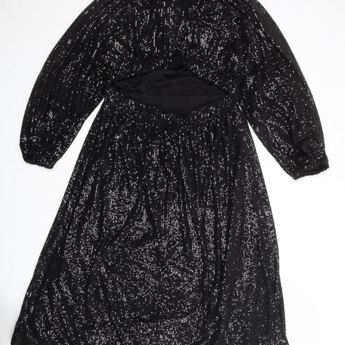 H&M Womens Black Polyester Trapeze & Swing Size M Round Neck Button