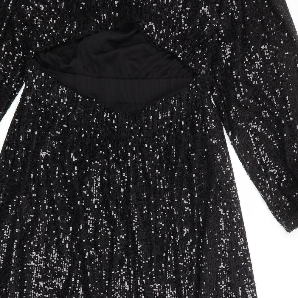 H&M Womens Black Polyester Trapeze & Swing Size M Round Neck Button