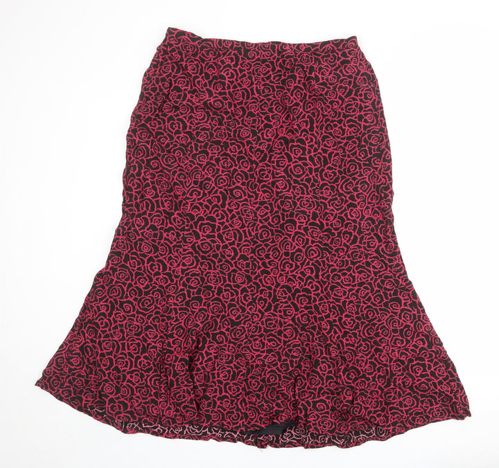 ELVI Womens Black Floral Viscose Swing Skirt Size 14 Zip