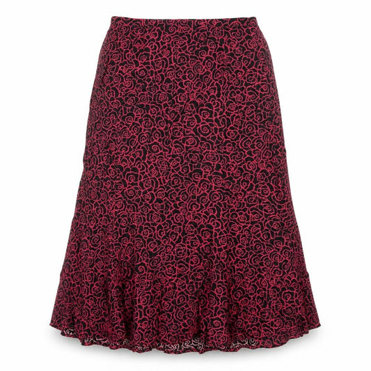 Front view of ELVI women’s black floral viscose swing skirt, size UK 14, zip