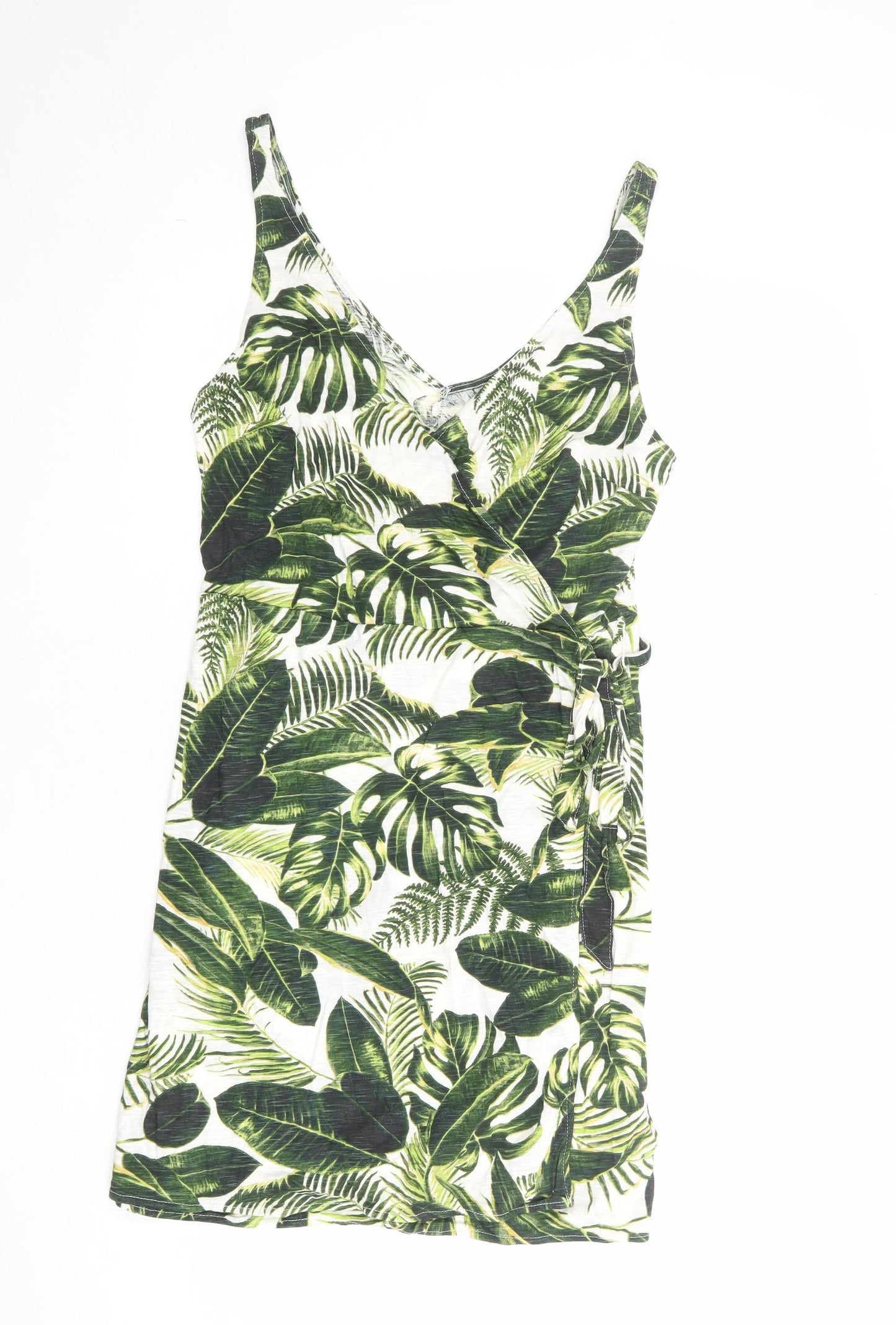 H&M Womens Multicoloured Geometric Cotton Tank Dress Size M V-Neck Tie - Leaf pattern