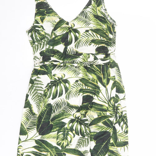 H&M Womens Multicoloured Geometric Cotton Tank Dress Size M V-Neck Tie - Leaf pattern