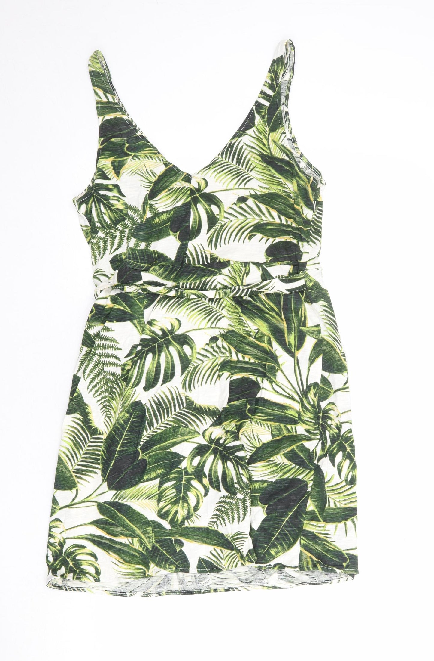 H&M Womens Multicoloured Geometric Cotton Tank Dress Size M V-Neck Tie - Leaf pattern