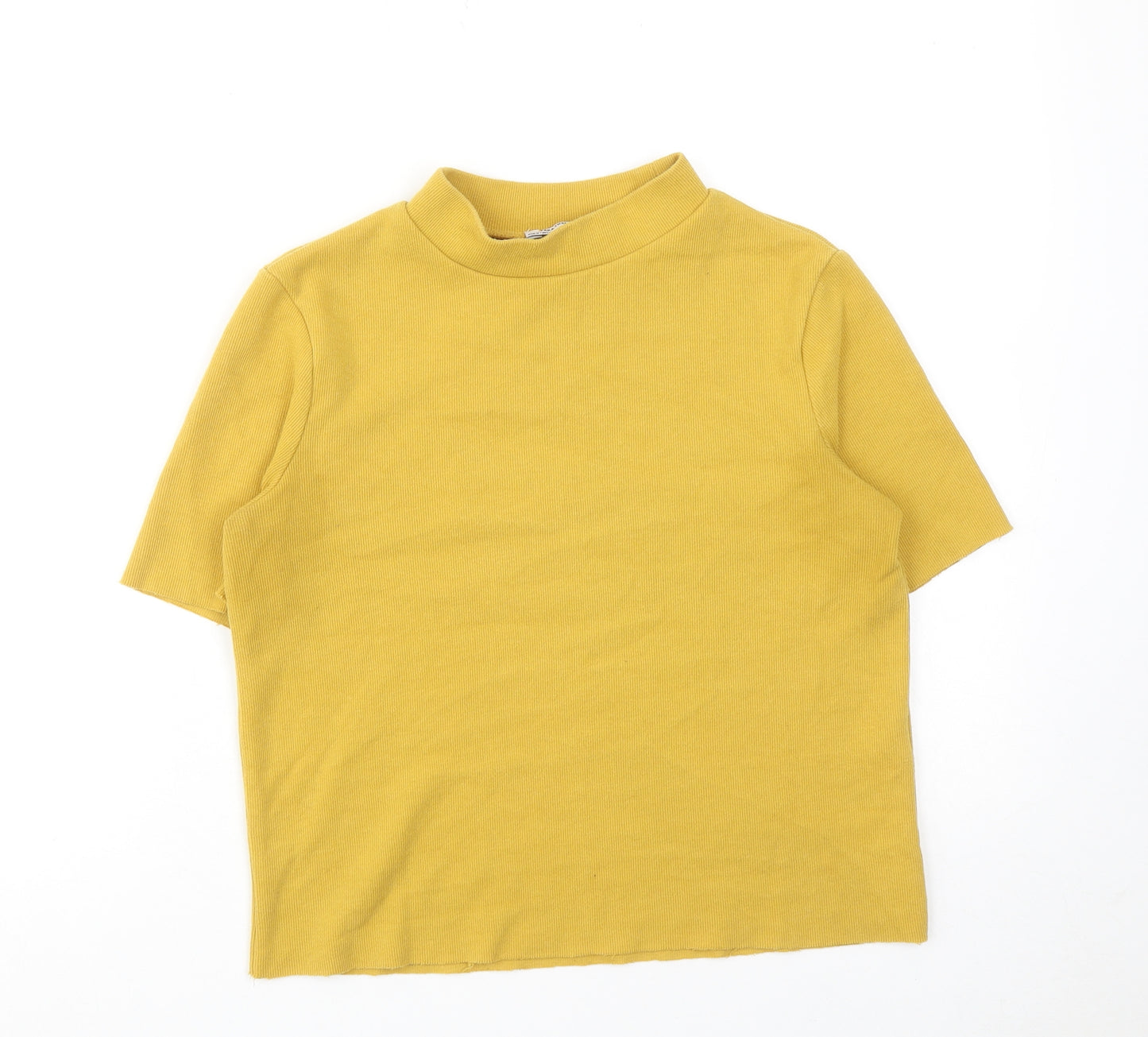 Zara Womens Yellow Cotton Basic T-Shirt Size M Mock Neck