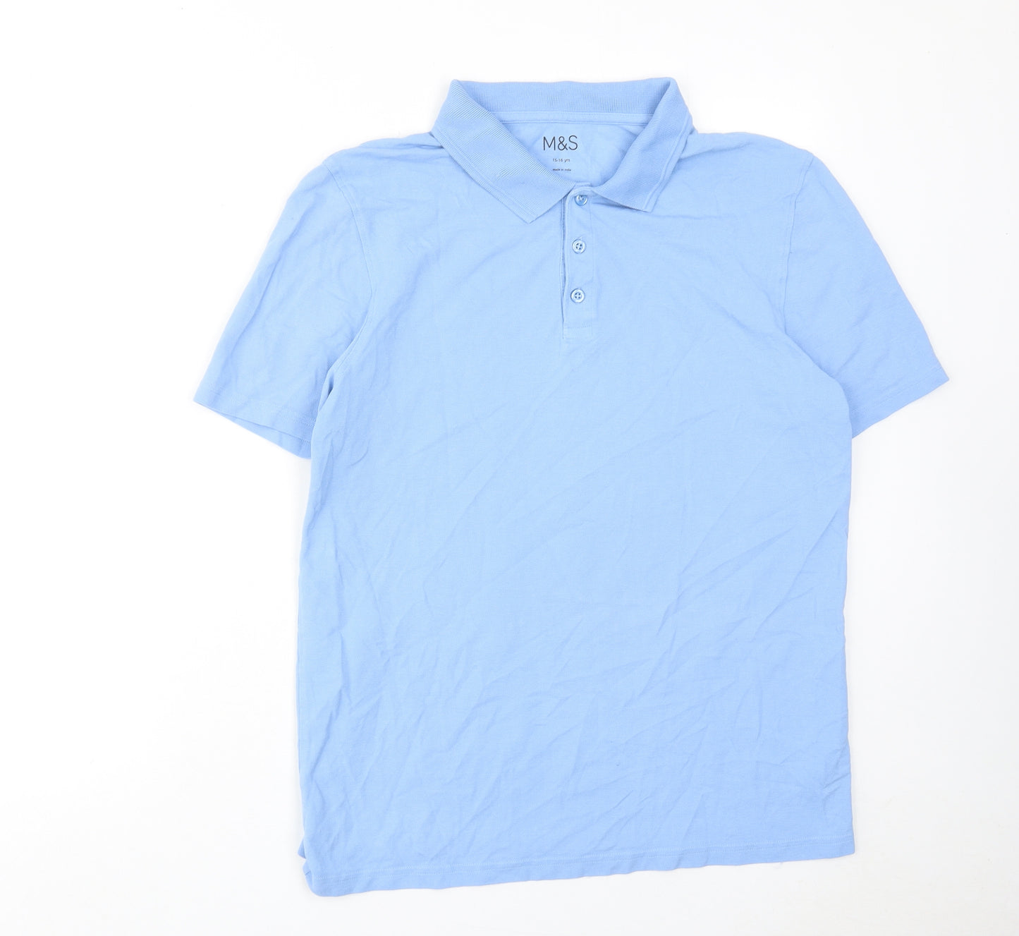 Marks and Spencer Boys Blue Cotton Basic Polo Size 15-16 Years Collared Button