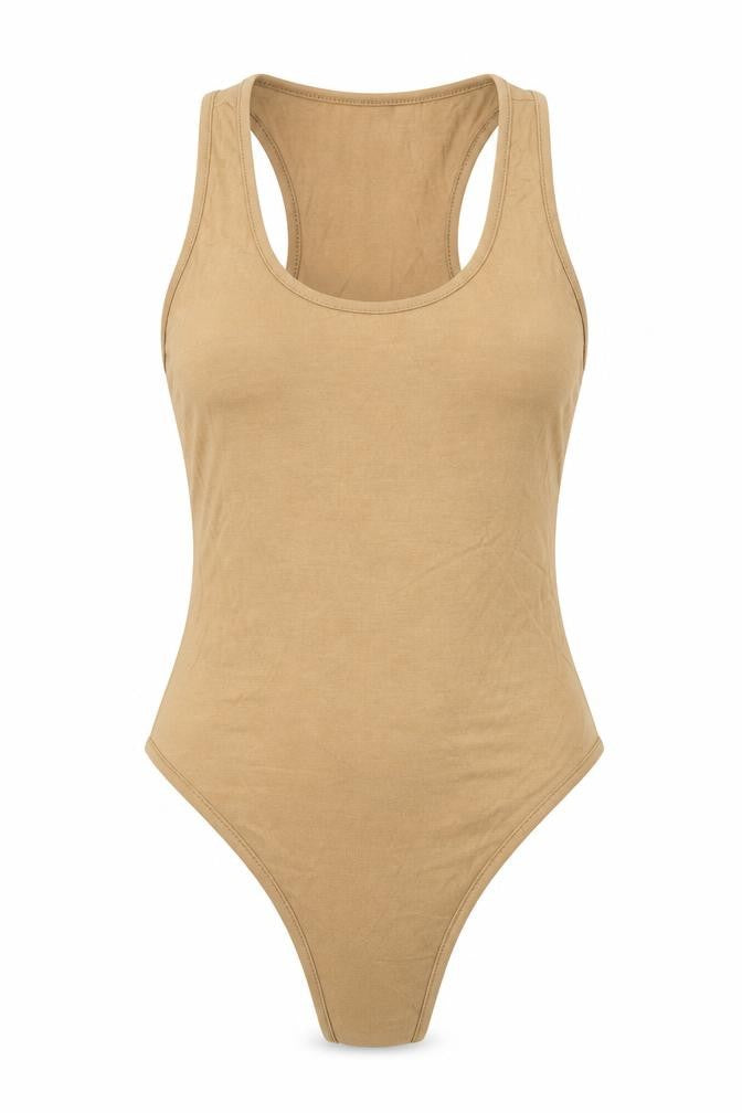 Front view of PRETTYLITTLETHING women’s brown viscose bodysuit one-piece, size UK 6, snap
