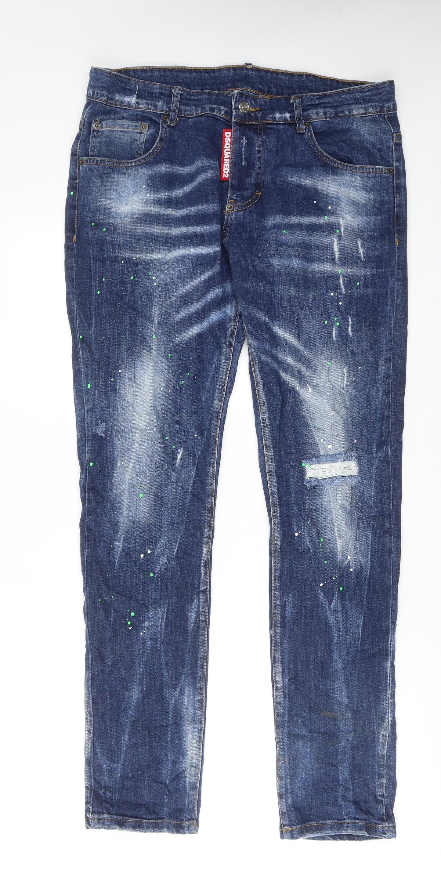 Dsquared2 Mens Blue Cotton Straight Jeans Size 40 in Regular Button - Paint splatter print