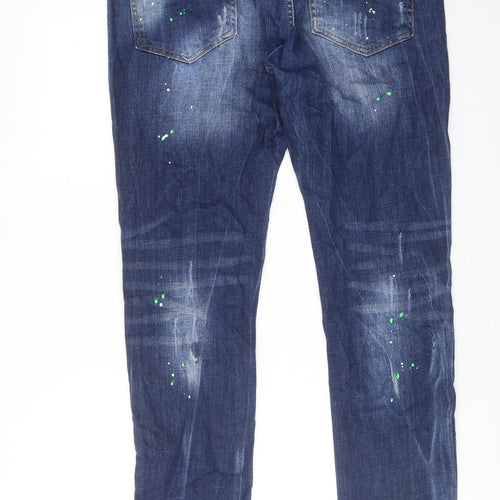Dsquared2 Mens Blue Cotton Straight Jeans Size 40 in Regular Button - Paint splatter print