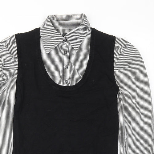 NEXT Womens Black Striped Viscose Basic Button-Up Size 10 Collared - 2 in 1 Top