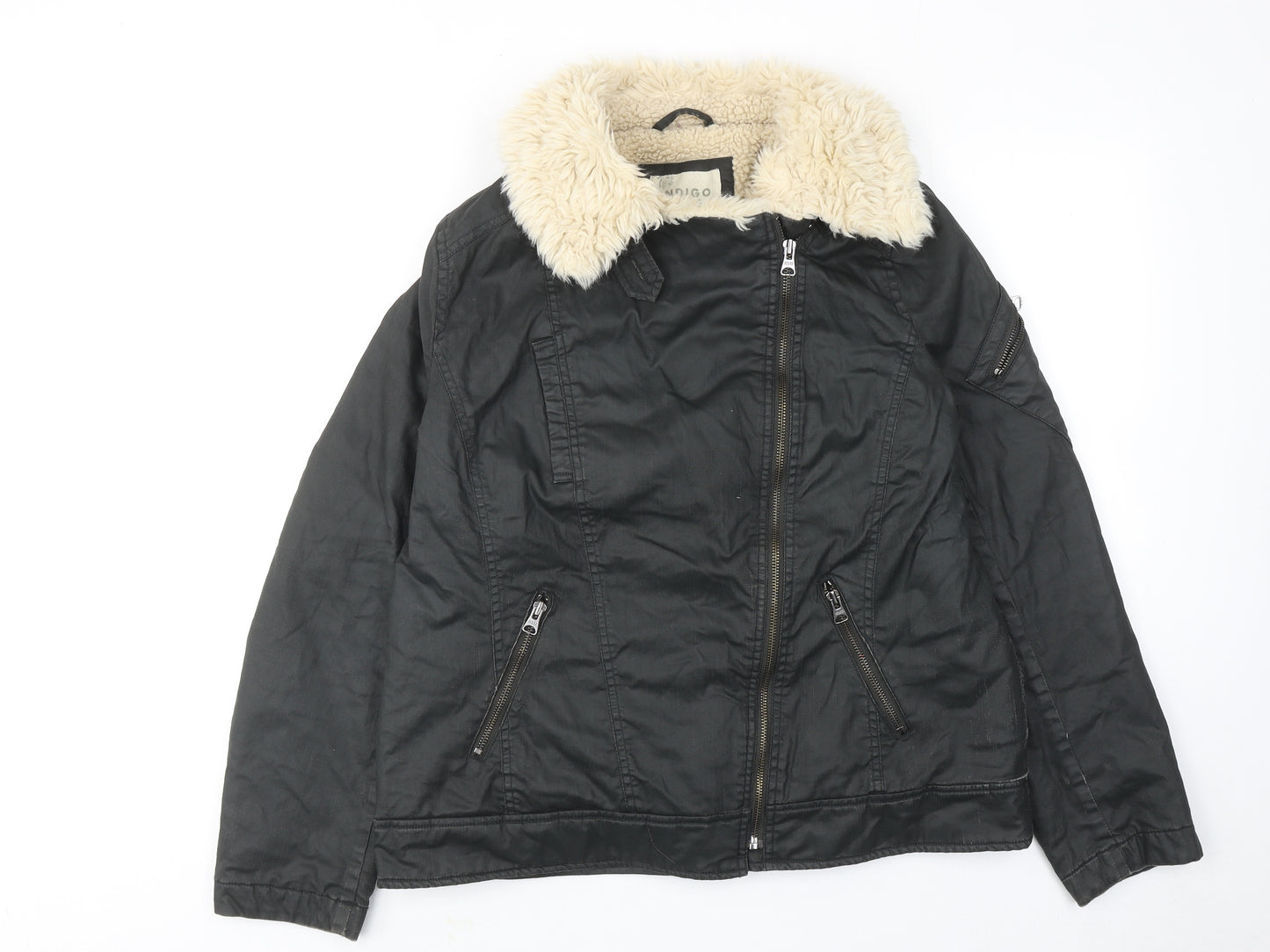 Indigo Womens Black Jacket Size 14 Zip - Faux Fur Collar