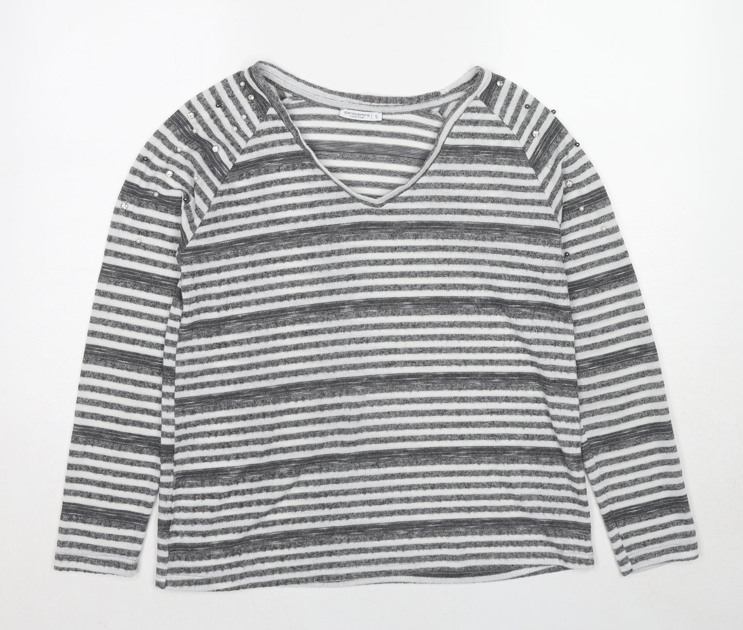 Encuentro Womens Grey V-Neck Striped Polyester Pullover Jumper Size S