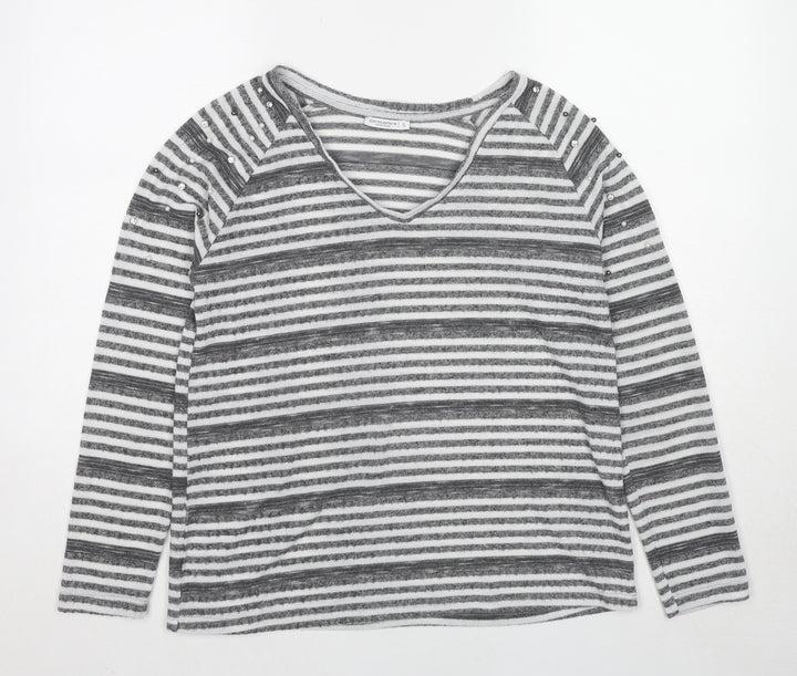 Encuentro Womens Grey V-Neck Striped Polyester Pullover Jumper Size S