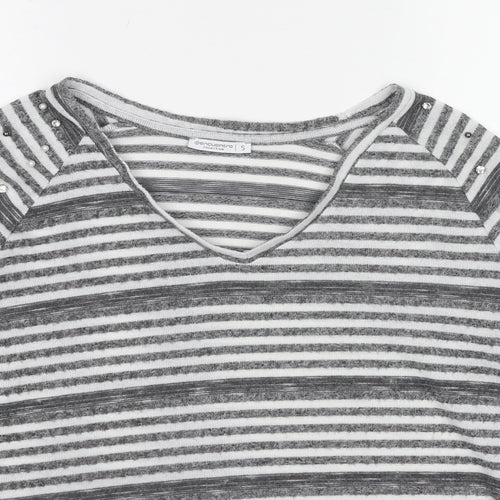Encuentro Womens Grey V-Neck Striped Polyester Pullover Jumper Size S