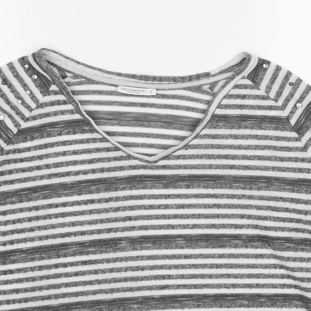 Encuentro Womens Grey V-Neck Striped Polyester Pullover Jumper Size S