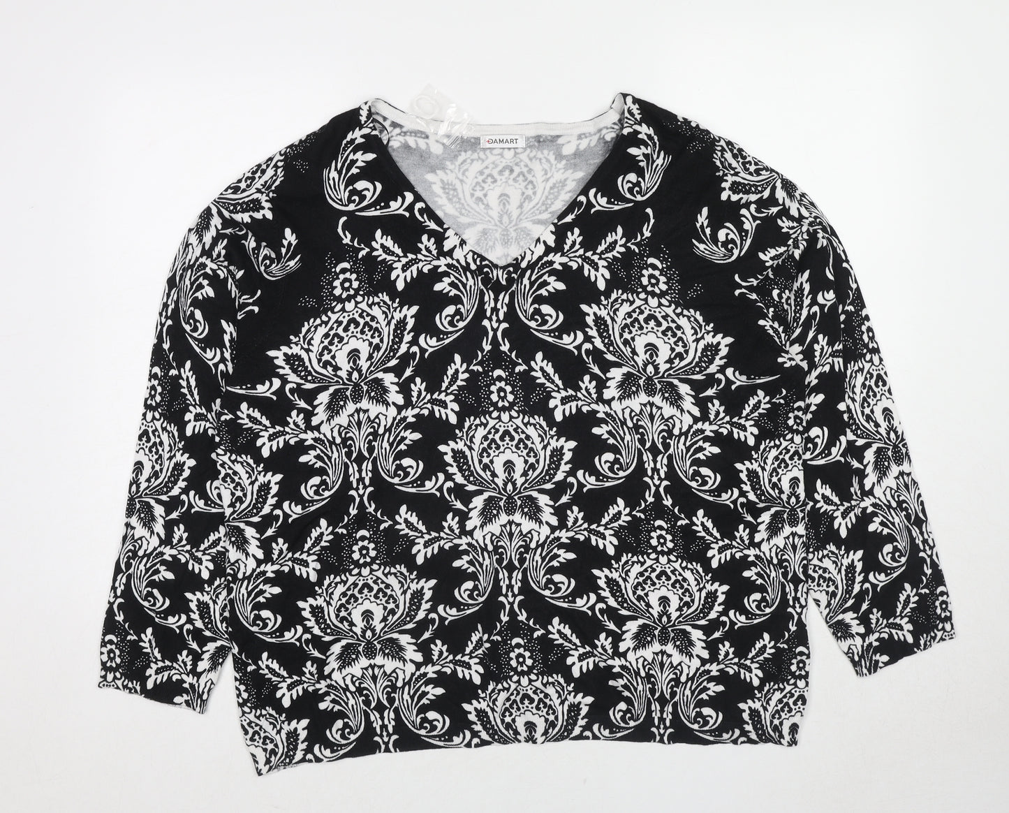 Damart Womens Black V-Neck Geometric Viscose Pullover Jumper Size 22