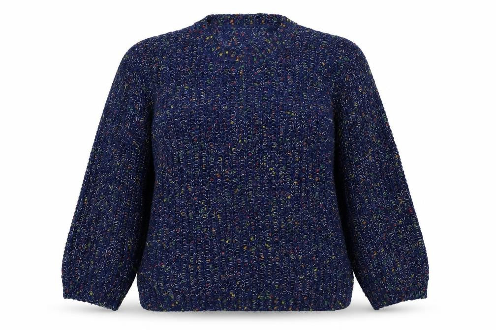 Front view of Apricot women’s blue round neck acrylic jumper, size UK 14