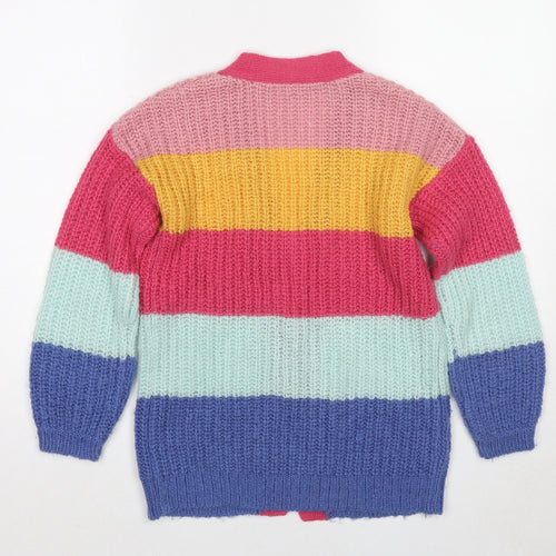 M&Co Girls Multicoloured V-Neck Striped Acrylic Cardigan Jumper Size 9-10 Years Pullover