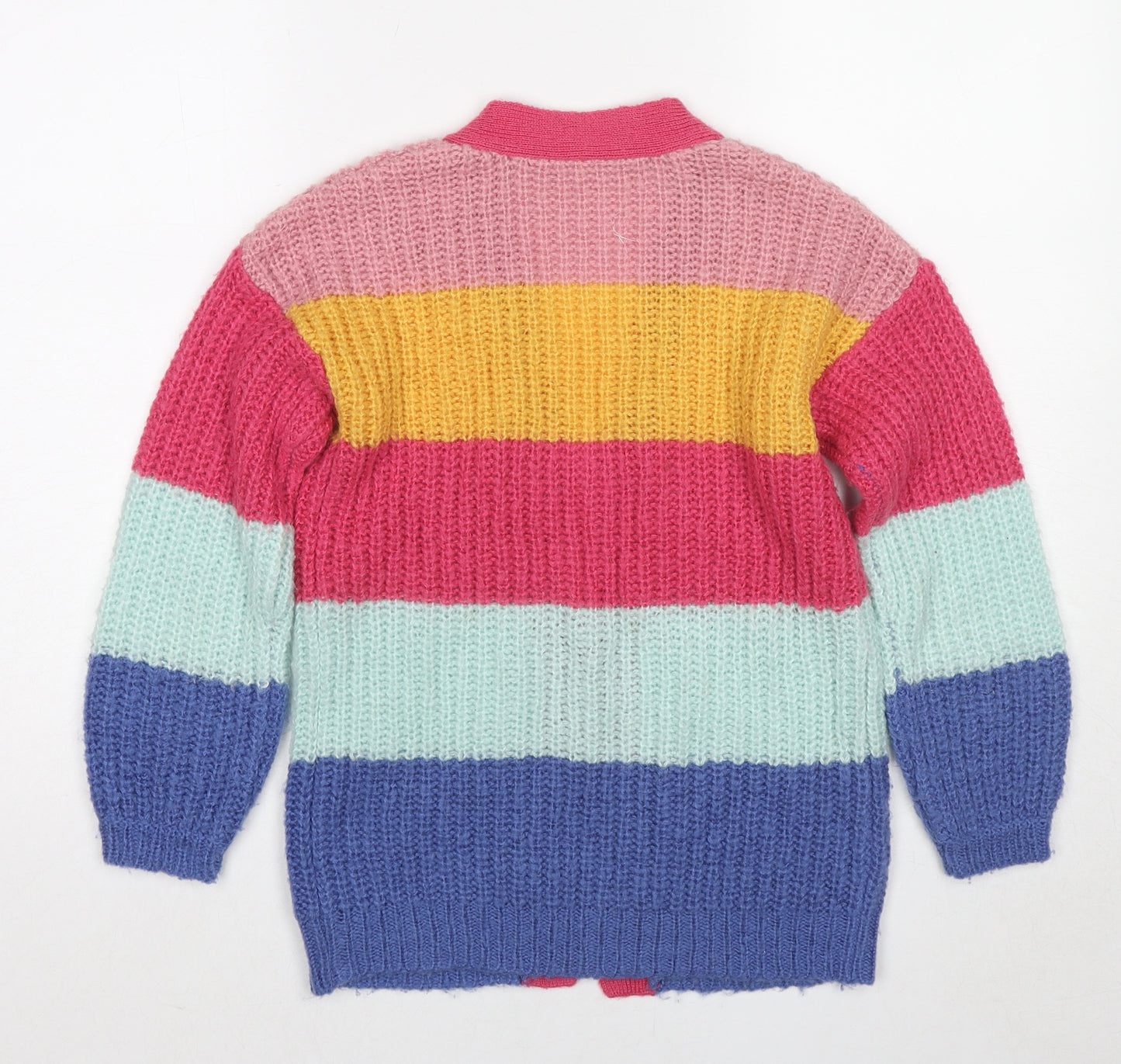 M&Co Girls Multicoloured V-Neck Striped Acrylic Cardigan Jumper Size 9-10 Years Pullover