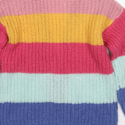 M&Co Girls Multicoloured V-Neck Striped Acrylic Cardigan Jumper Size 9-10 Years Pullover