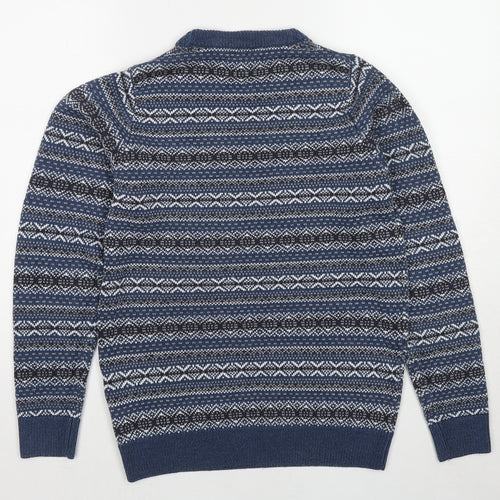 EWM Mens Blue Round Neck Geometric Acrylic Pullover Jumper Size S Long Sleeve