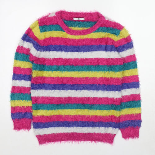 Marks and Spencer Girls Multicoloured Round Neck Striped Polyamide Pullover Jumper Size 14-15 Years Pullover