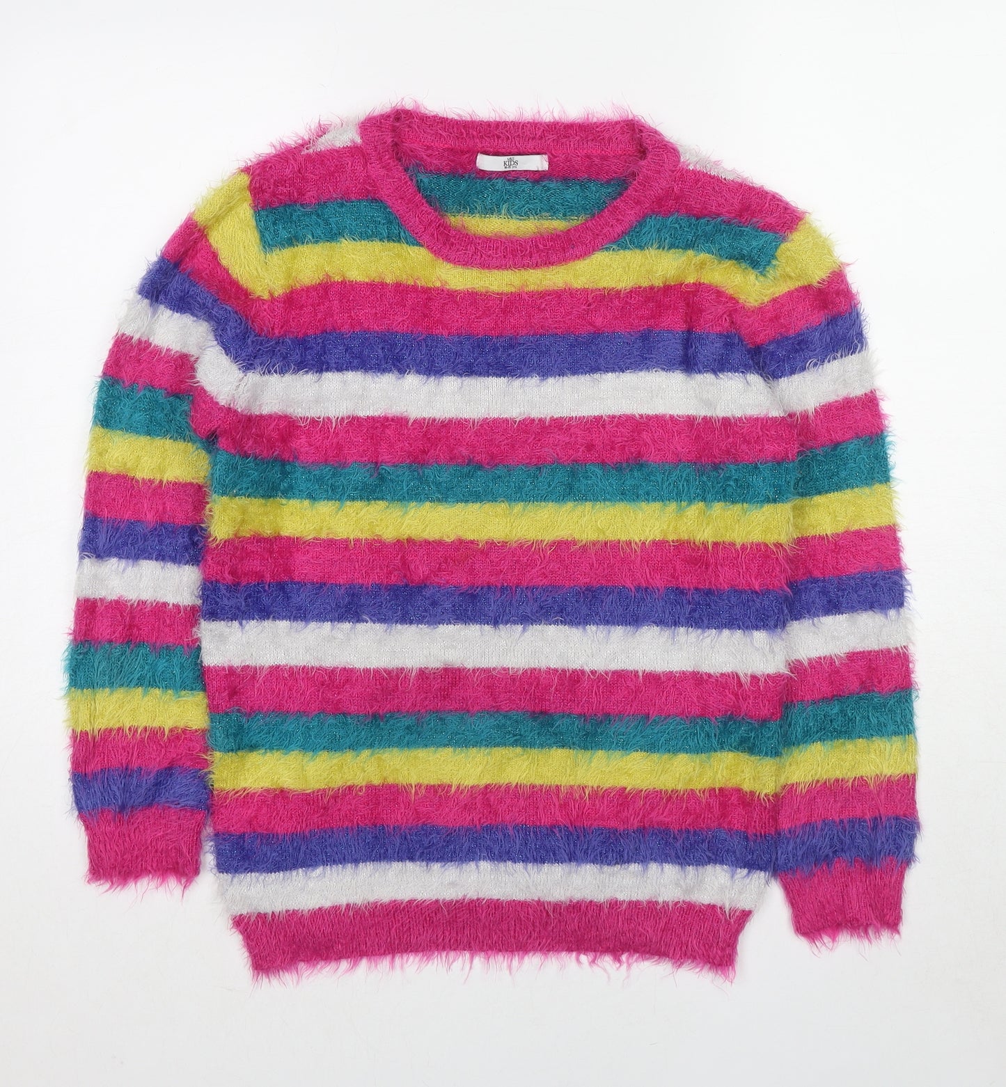 Marks and Spencer Girls Multicoloured Round Neck Striped Polyamide Pullover Jumper Size 14-15 Years Pullover