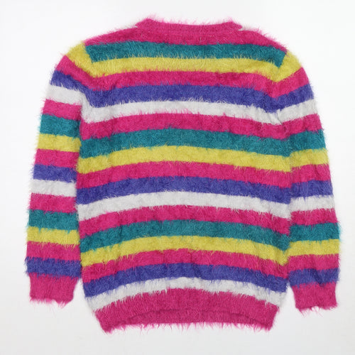 Marks and Spencer Girls Multicoloured Round Neck Striped Polyamide Pullover Jumper Size 14-15 Years Pullover